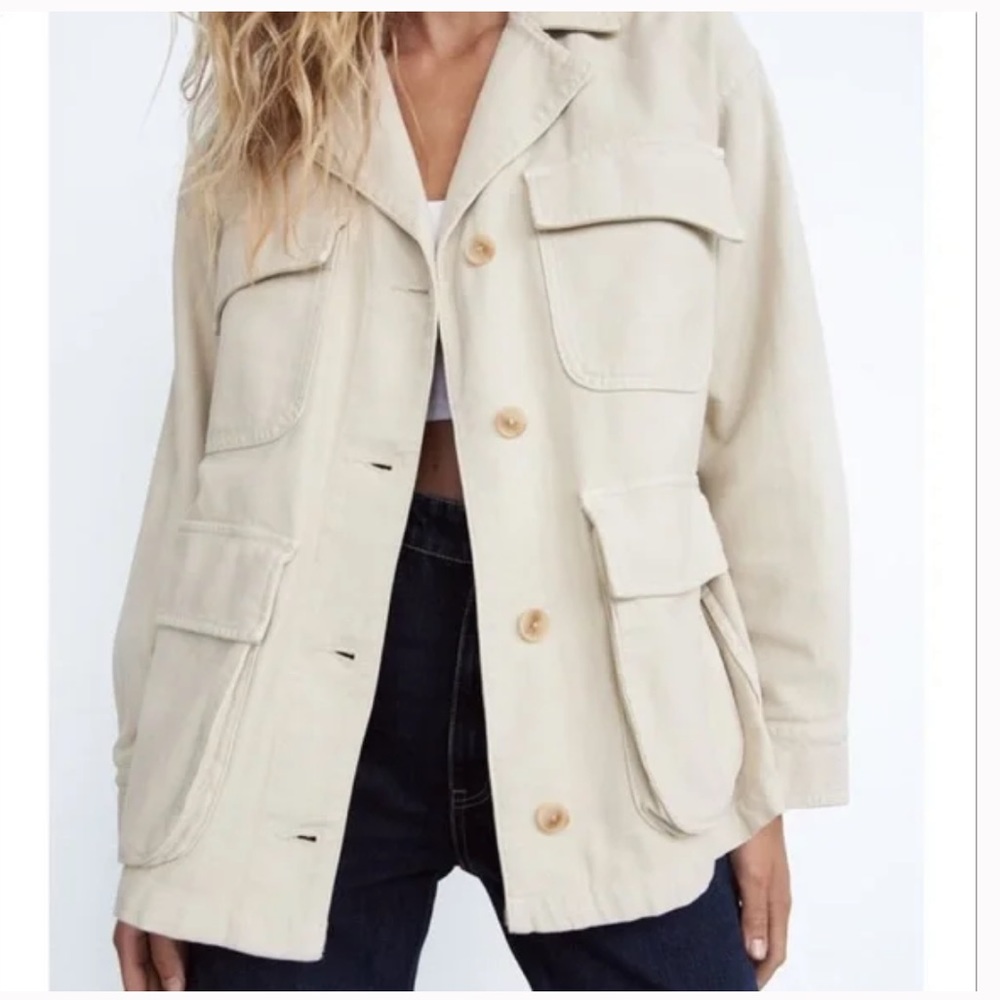 Zara Pocket Jacket Overshirt Shacket Natural